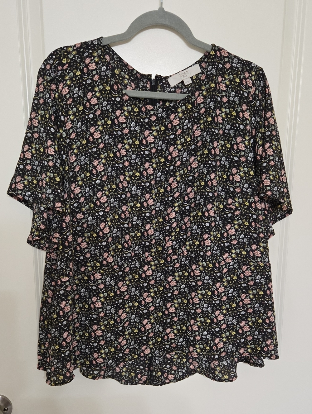 LOFT Black Floral Flutter-Sleeve Blouse with Pink & Green Flowers